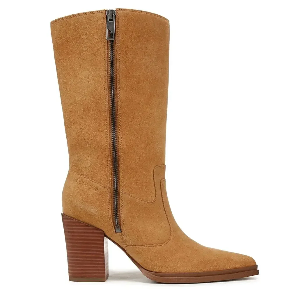 Franco Sarto Jaxon Mid-Shaft Boot Size 9 Camel/Brown Suede Block High Heel New